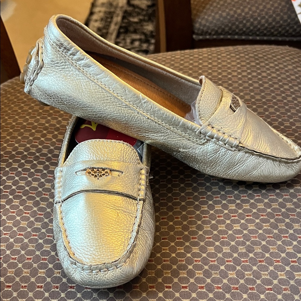 Coach Metallic Silver Loafers with Logo Accent
